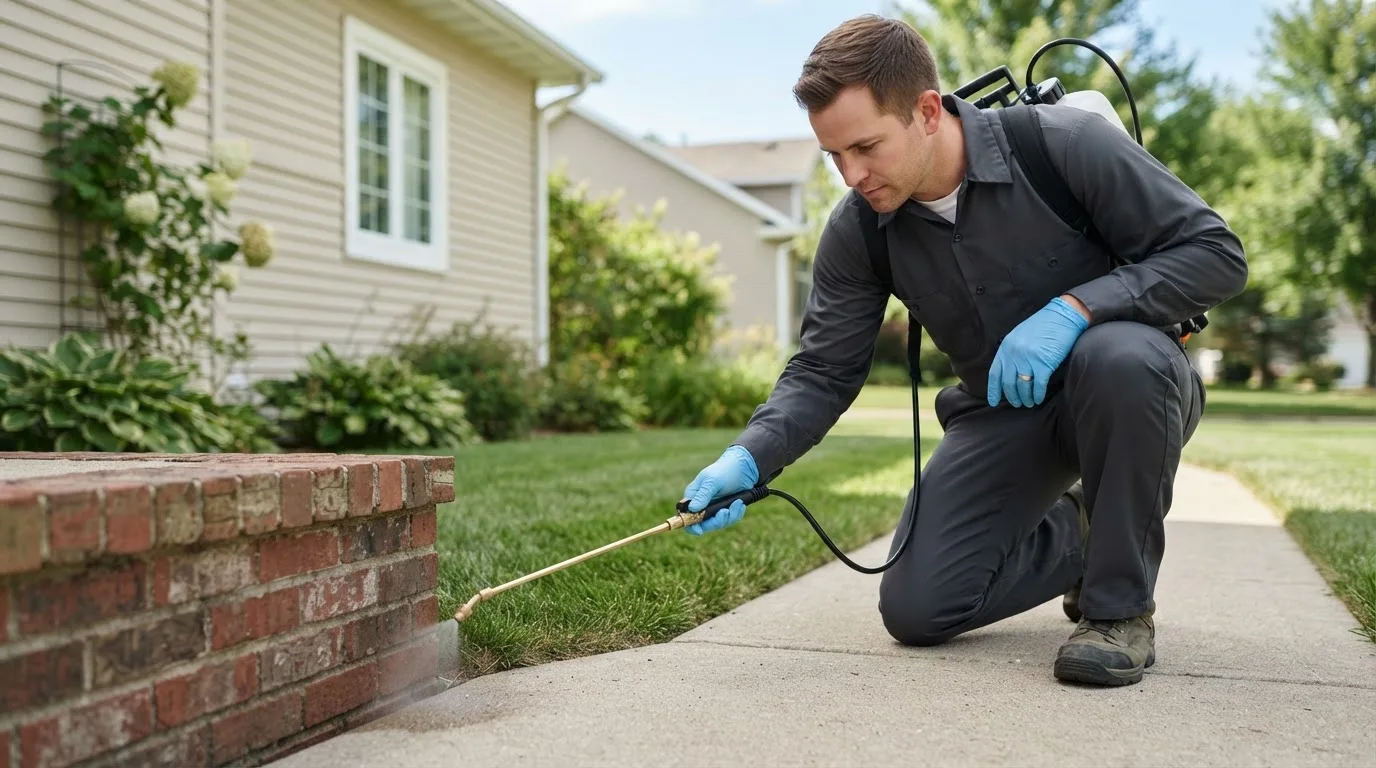Pest control technician treating a home near Quogue, NY