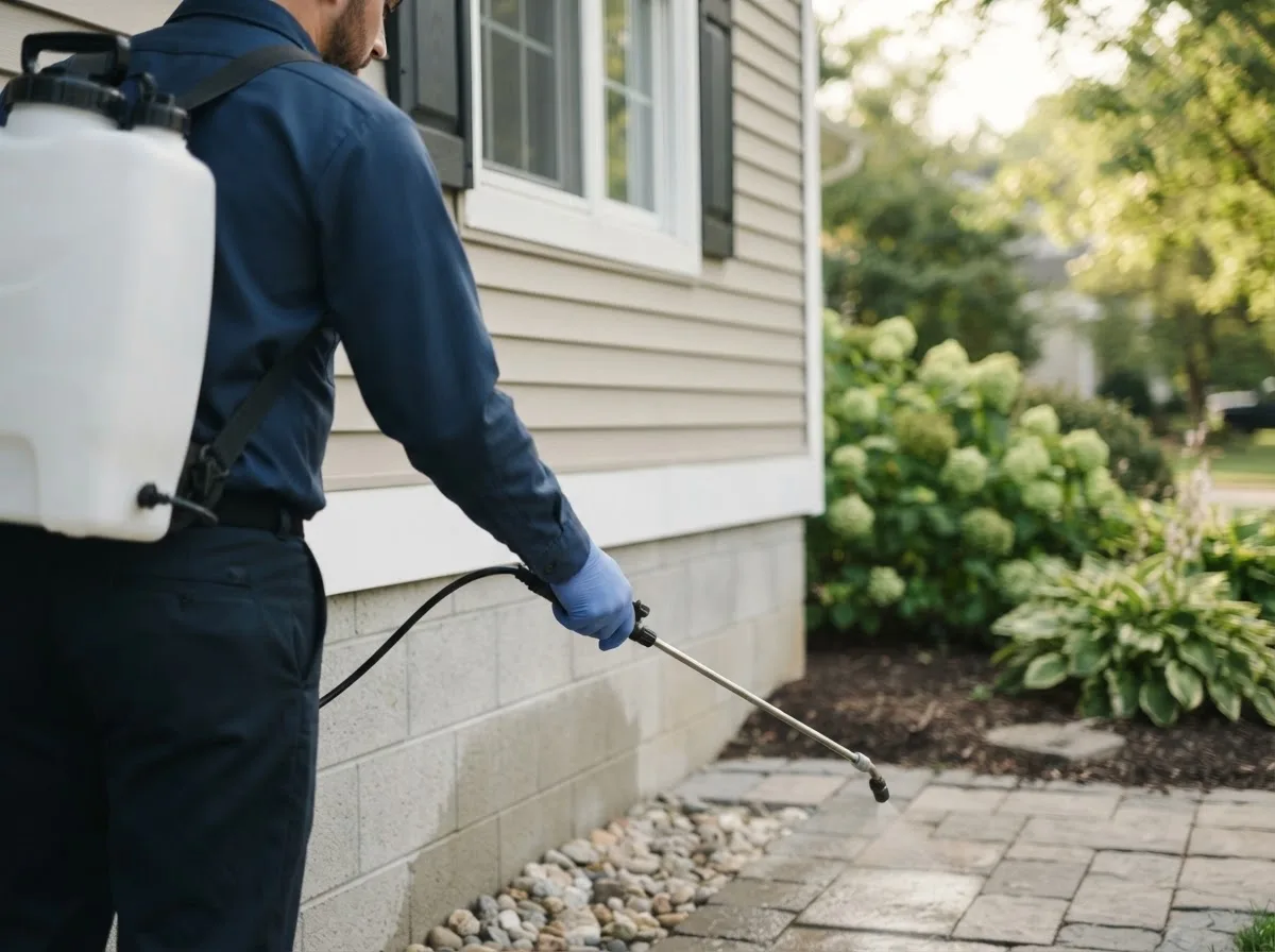 Pest control technician inspecting a home in Quogue, NY